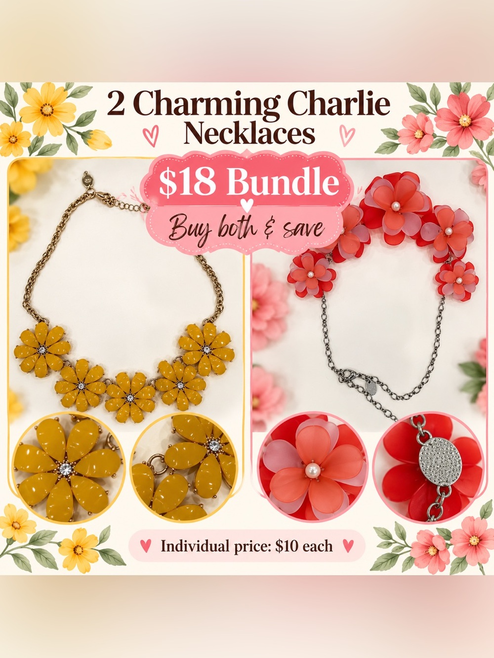 Charming Charlie Yellow and Coral Floral Statement Necklaces - Bundle